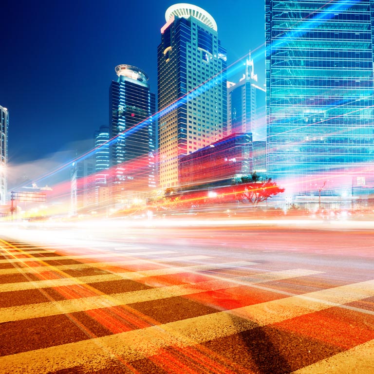 A busy city at night